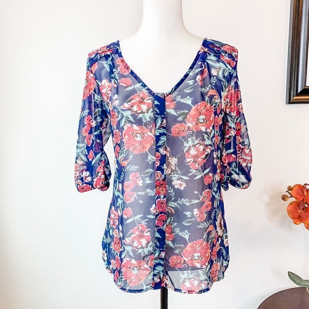 🍋 Skies Are Blue • Semi-Sheer Flowered Blue Top